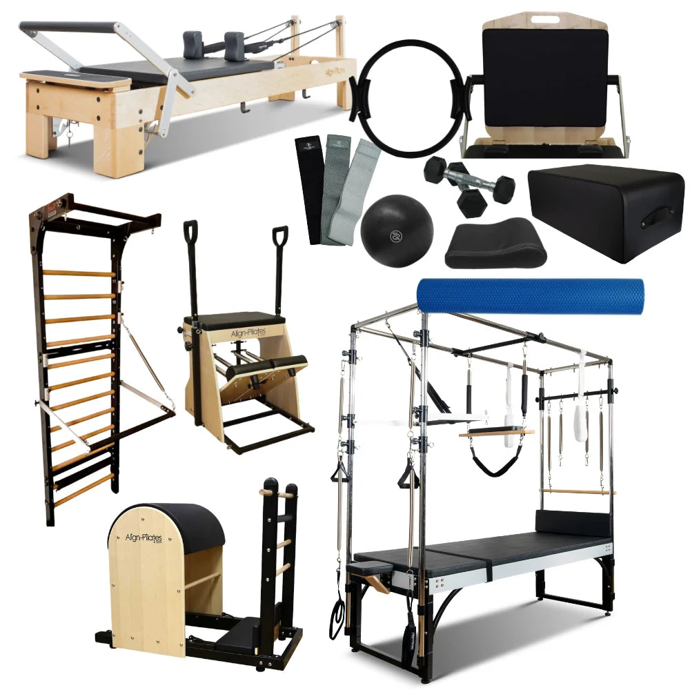 Collection of Pilates reformers, straps, weights, and other equipment on a white background
