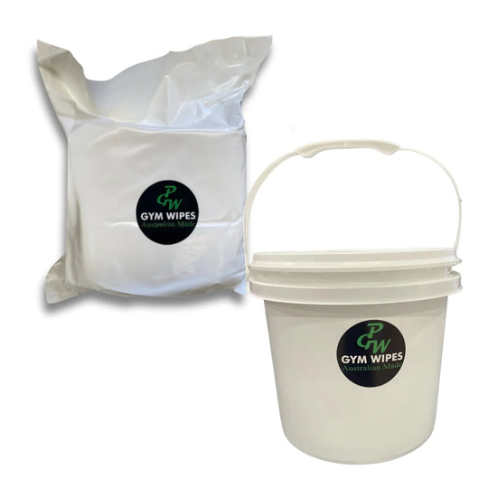 White bag and bucket labeled 'GYM WIPES' on a white background