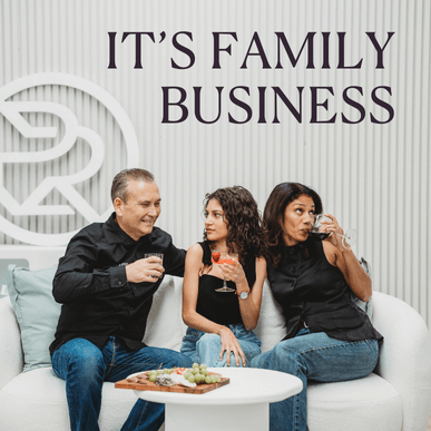 Three people sitting on a couch with the text 'It's Family Business' above them.