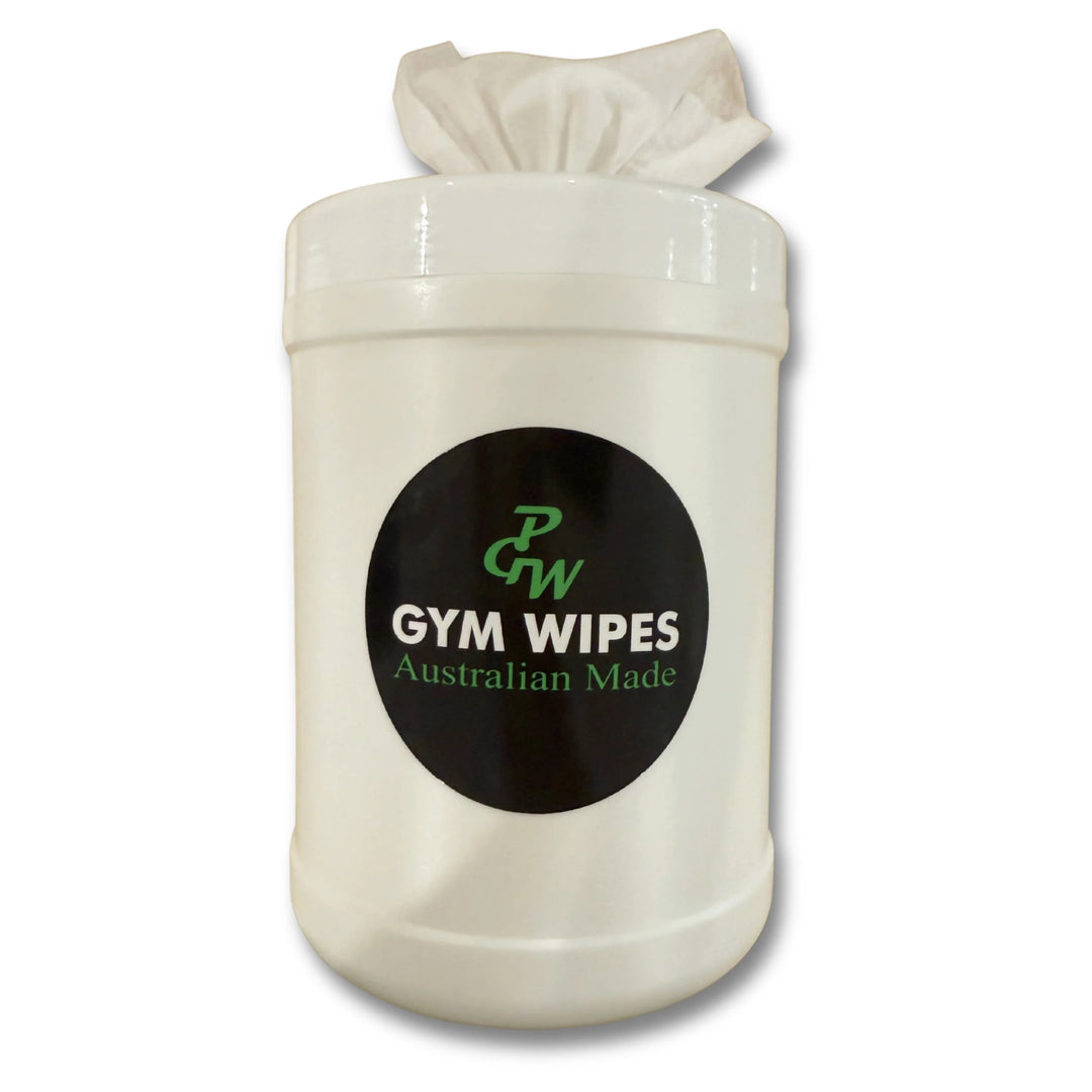 A canister of PGW Gym Wipes with the label 'Gym Wipes Australian Made' on the front.